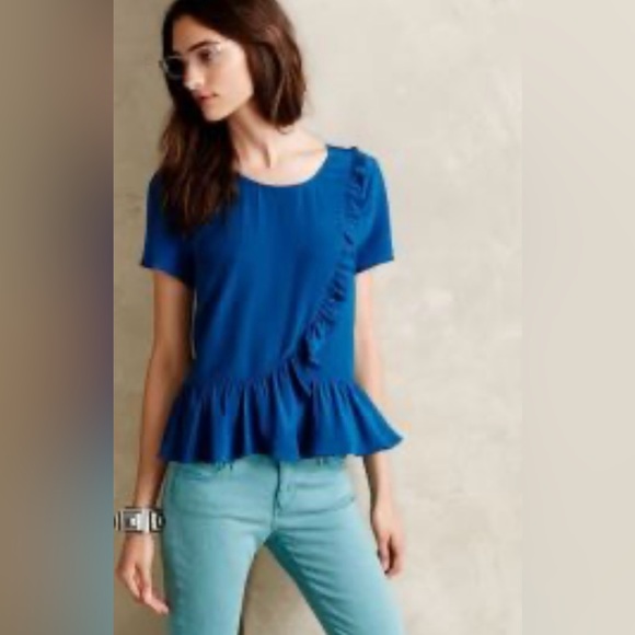Anthropologie | HD in Paris Short Sleeve Silk Ruffle & Peplum Top Peacock Blue - Picture 1 of 6